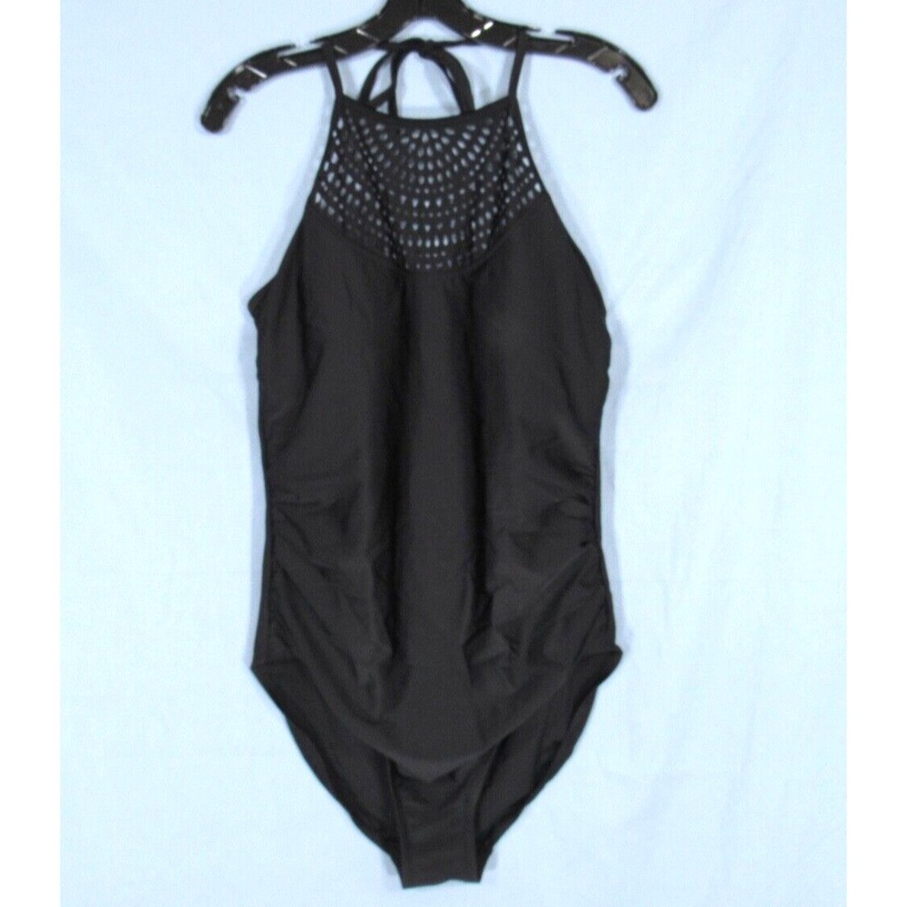 MERONA Black LAZER CUT High-Neck HALTER Molded Cups RUCHED One-Piece SWIMSUIT XL